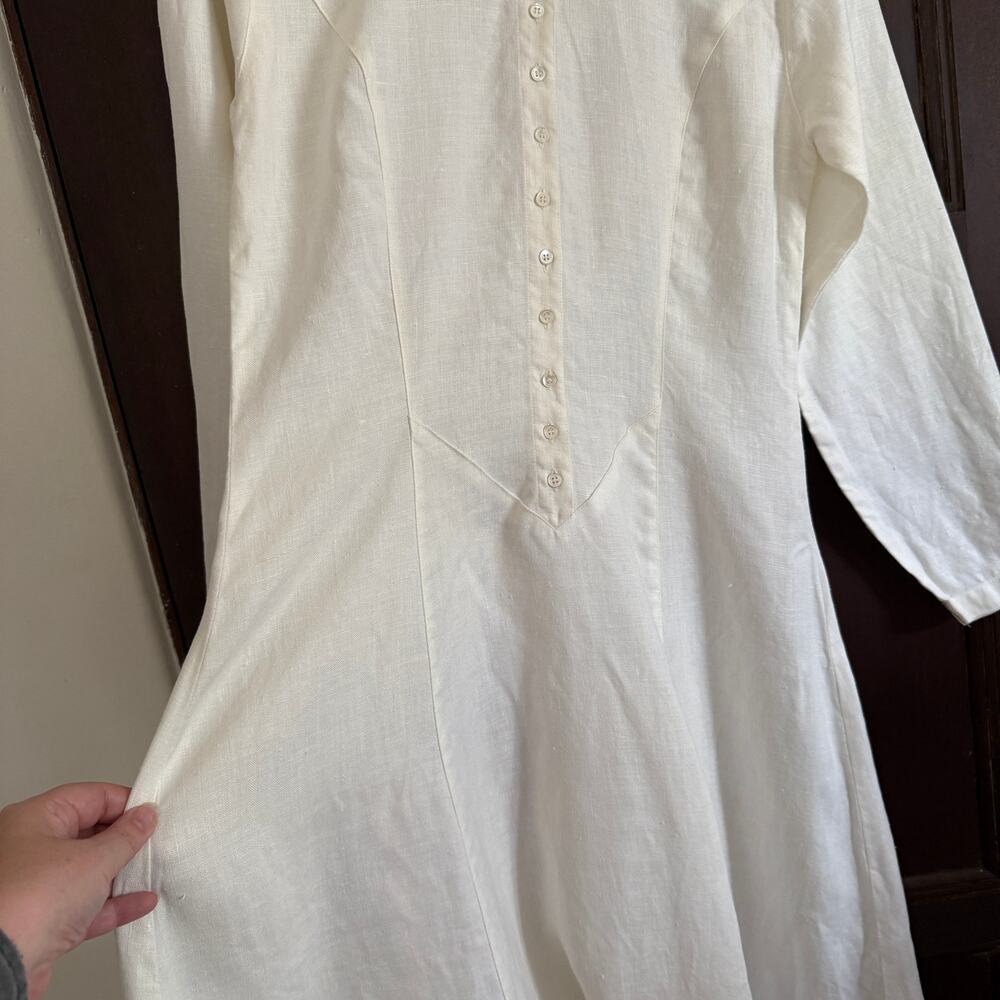 1970s Vintage NEIMAN MARCUS | Cream Linen Basque Waist Prairie Dress | Medium - Picture 5 of 9